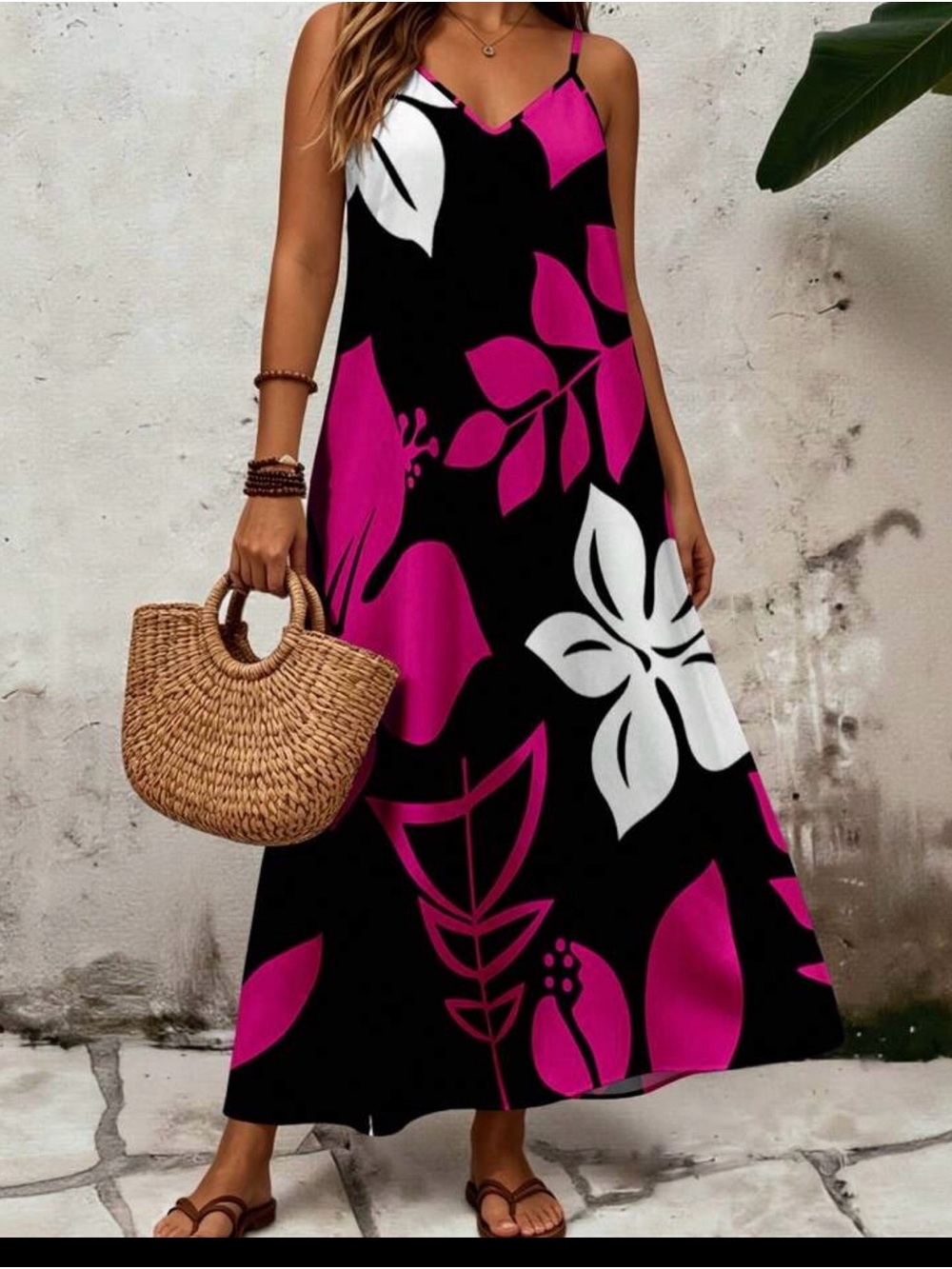 new women’s Spaghetti Strap Floral Maxi Dress in Black, Fuchsia & White size 12